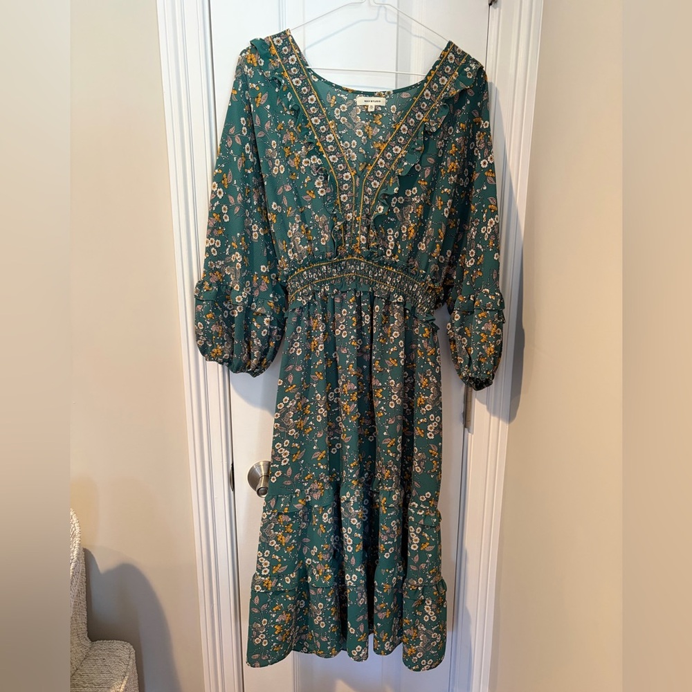 Max Studio Teal Floral Long Sleeve Dress